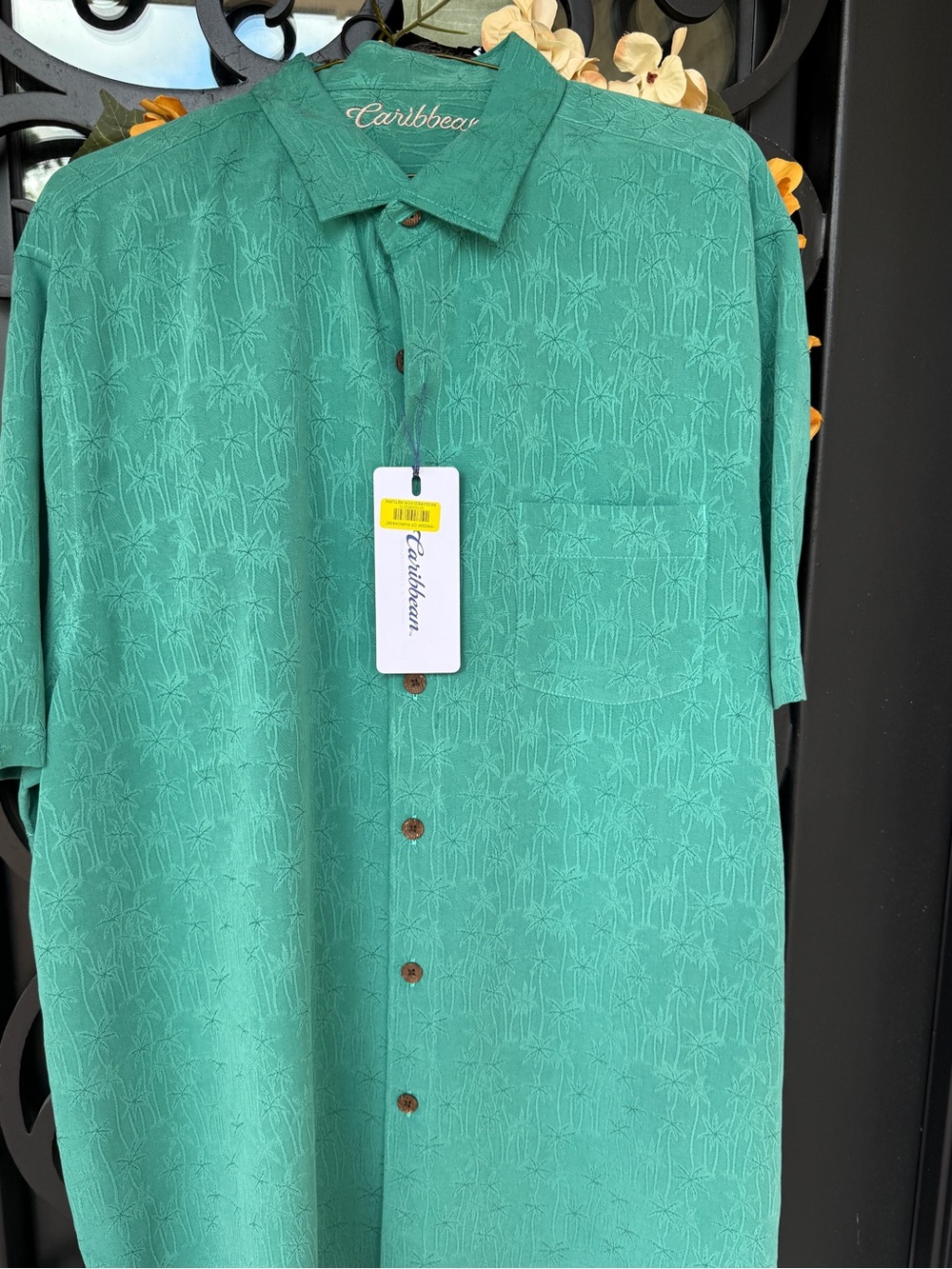 Caribbean Teal Palm-Print Short-Sleeve Button-Down Shirt …more green !